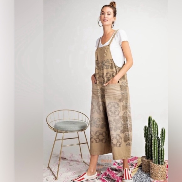 easel Denim - EASEL Tan Printed Oversized Baggy Overalls
